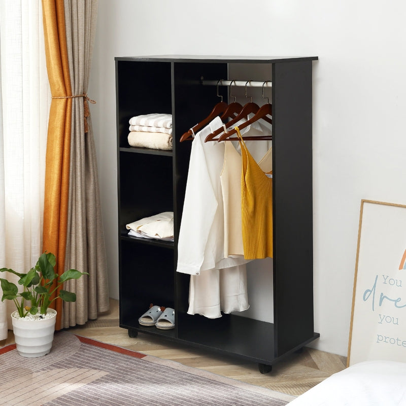 Black Mobile Wardrobe with Hanging Rod and Shelves