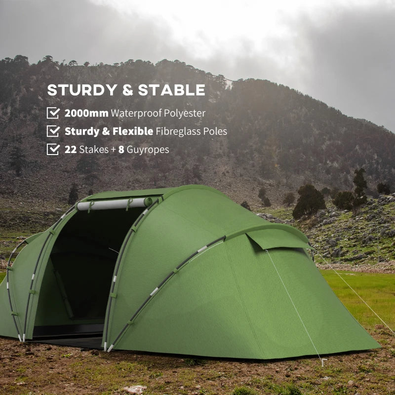 Dark Green 4-6 Person Camping Tunnel Tent with Two Bedrooms and UV Protection