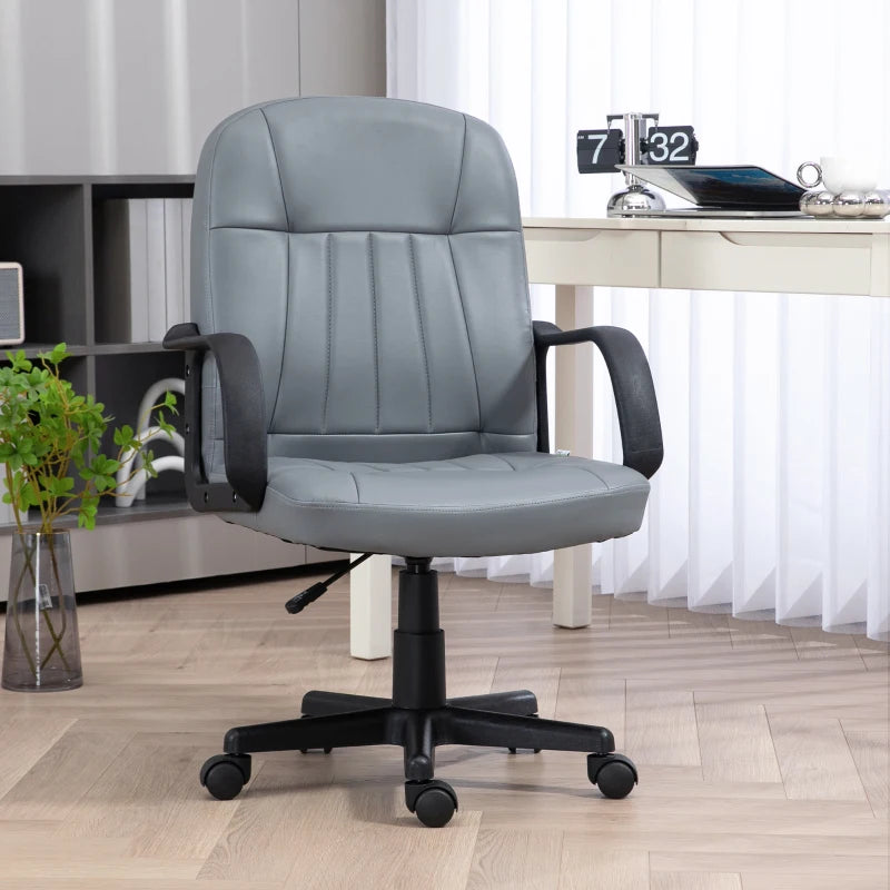 Grey Swivel Office Chair - PU Leather Desk Gaming Seater