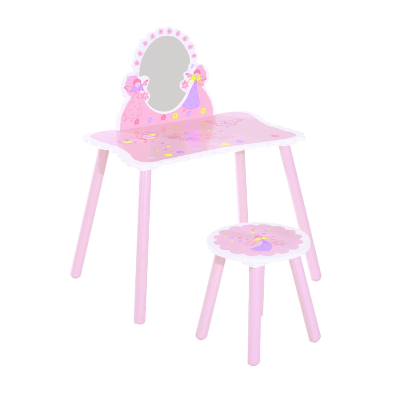 Kids Pink Wooden Dressing Table Set with Mirror & Stool