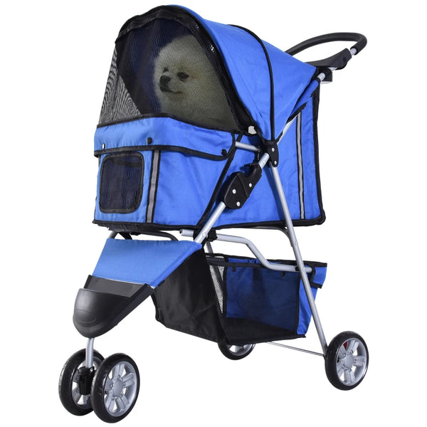 Blue Pet Travel Stroller for Small Dogs - 3-Wheel Puppy Carrier