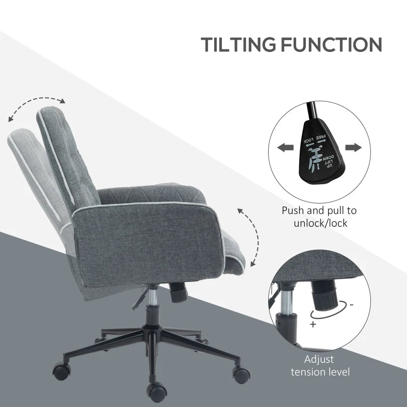 Dark Grey Linen Swivel Computer Chair with Armrest & Adjustable Height