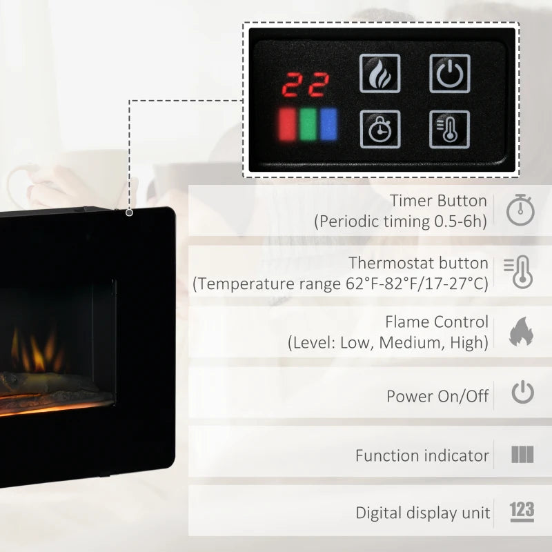 Black Electric Wall-Mounted Fireplace Heater with Adjustable Flame Effect