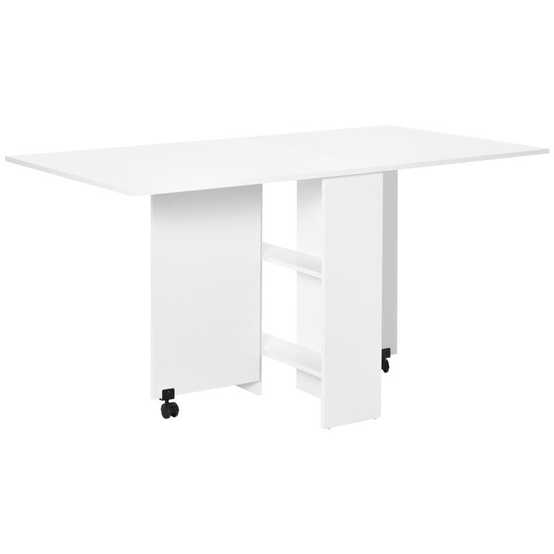 White Folding Dining Table with Shelves and Casters