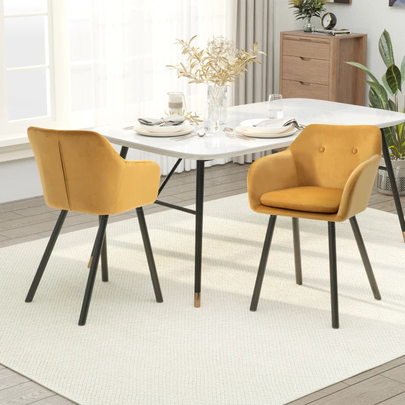 Yellow Velvet Upholstered Dining Chairs Set of 2 with Backrest and Armrests