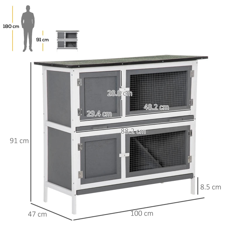 Grey 2 Tier Rabbit Hutch with Sliding Tray & Ramp, 100x47x91cm