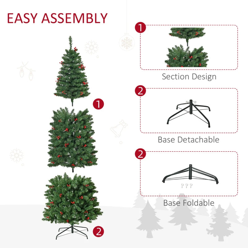 7FT Pre-lit Green Pencil Christmas Tree with Warm White LED Lights and Red Berries