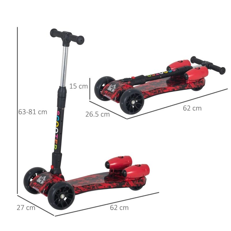 Red Kids 3-Wheel Adjustable Height Kick Scooter with Flashing Wheels and Music