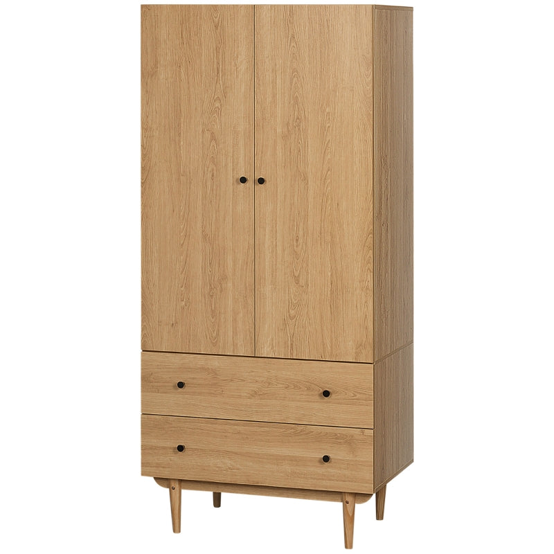 Natural Tone Wardrobe with 2 Doors, 2 Drawers, Hanging Rail - Bedroom Clothes Storage 80x52x180cm