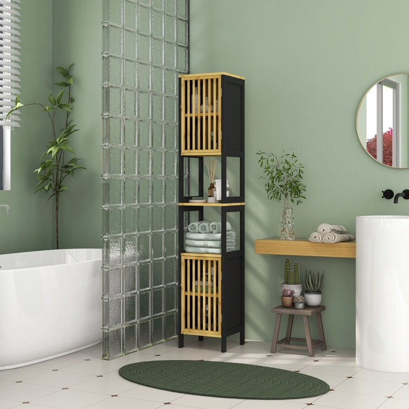 Bamboo Retro Cut-Out Tall Bathroom Storage - Natural Wood Color