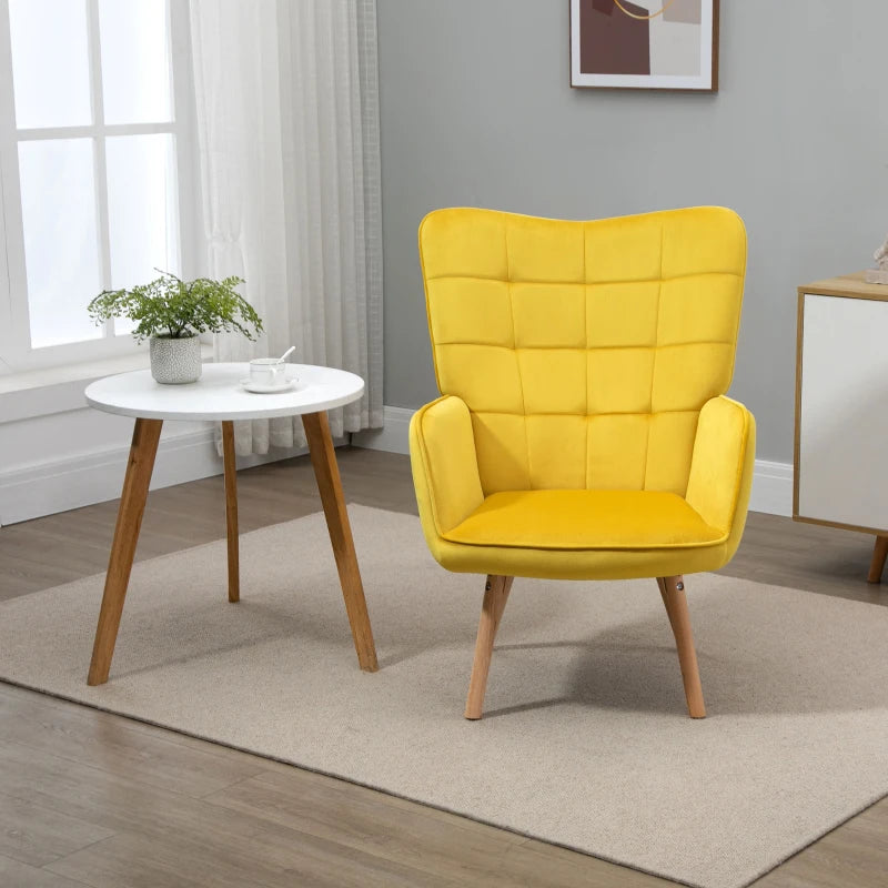 Yellow Velvet Tufted Wingback Armchair with Wood Legs