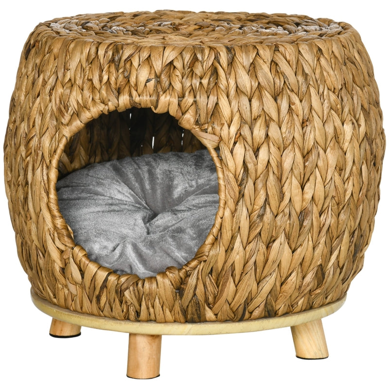 Rattan Cat Cave Stool with Washable Cushion - Indoor/Outdoor Kitten Bed (Grey)