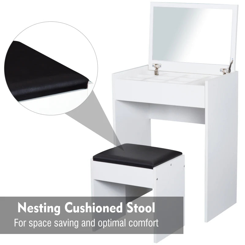 White Vanity Set with Flip-up Mirror and Padded Stool