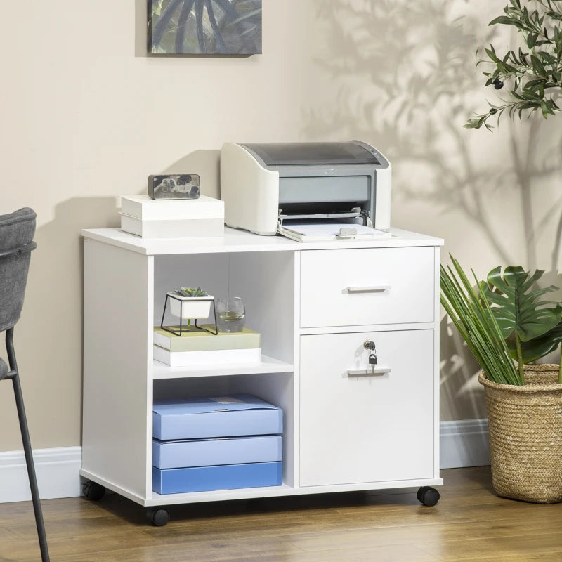 White Mobile Filing Cabinet with Lockable Drawer and Shelves