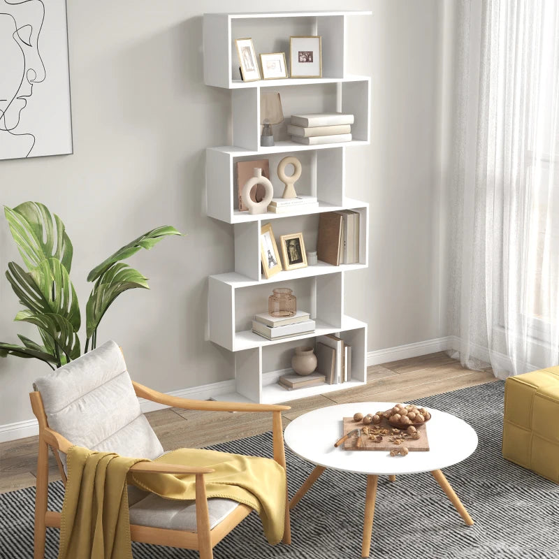 White Wooden S-Shaped 6-Shelf Room Divider Bookcase