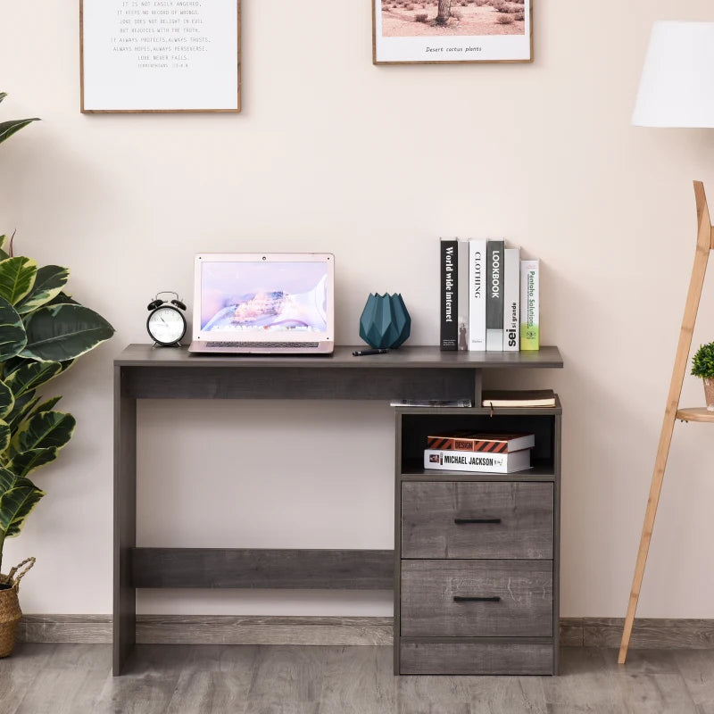 Grey Writing Desk with Drawers and Storage Shelf, 107 x 48cm - Home Office Study Workstation