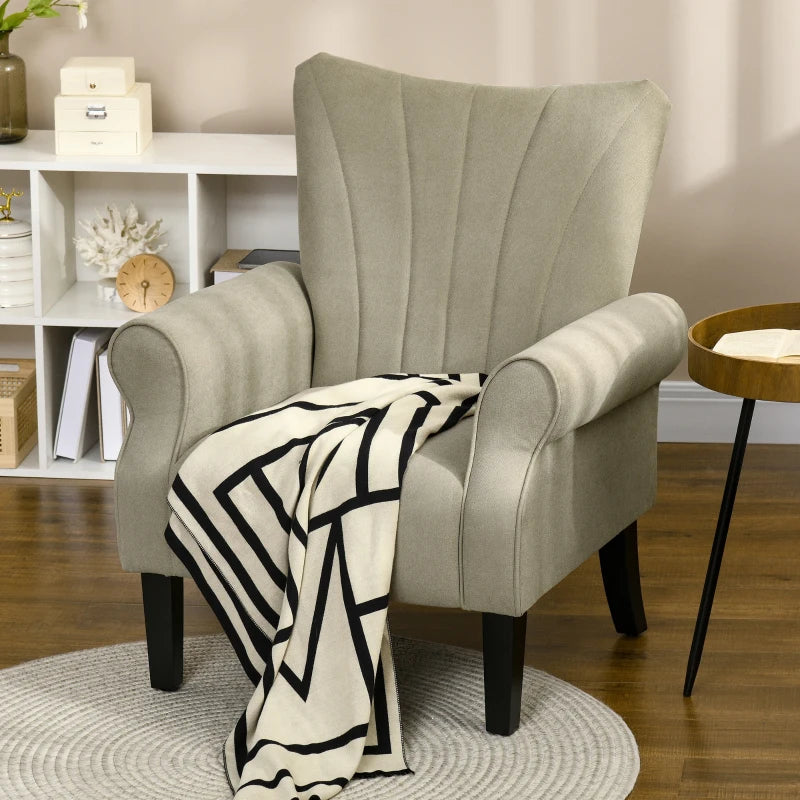 Beige Upholstered Accent Chair with High Back and Rolled Arms