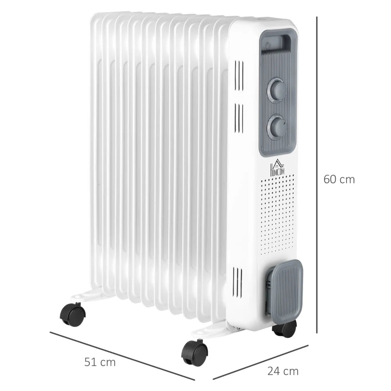 White 2500W Portable Oil Filled Radiator Heater, 11 Fin, 3 Heat Settings