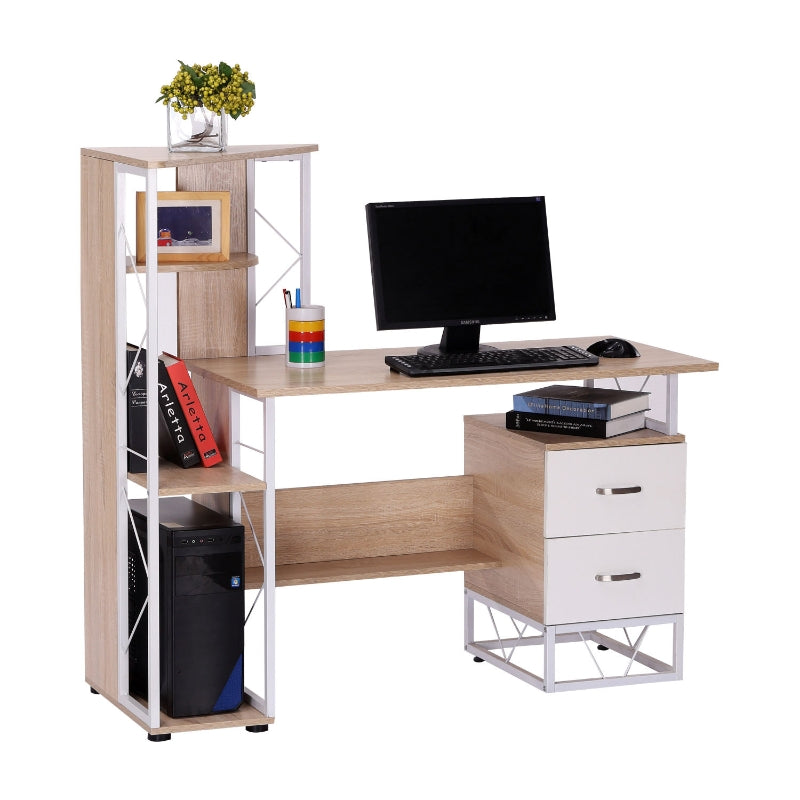 Oak Computer Desk with Drawers and Bookshelf