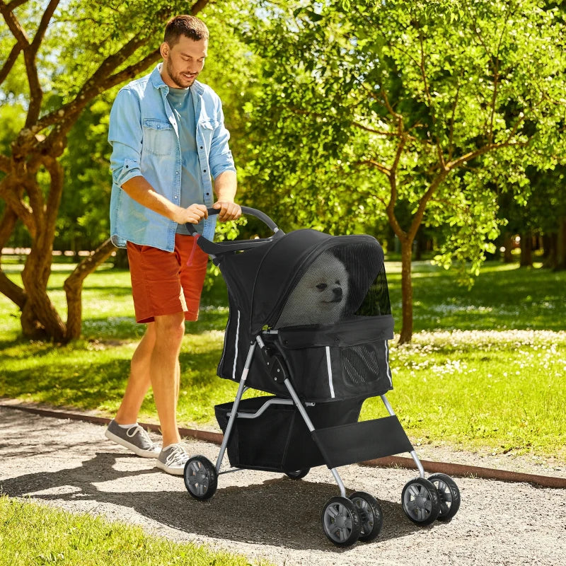 Black Pet Stroller for Small Pets - Foldable Travel Carriage with Wheels