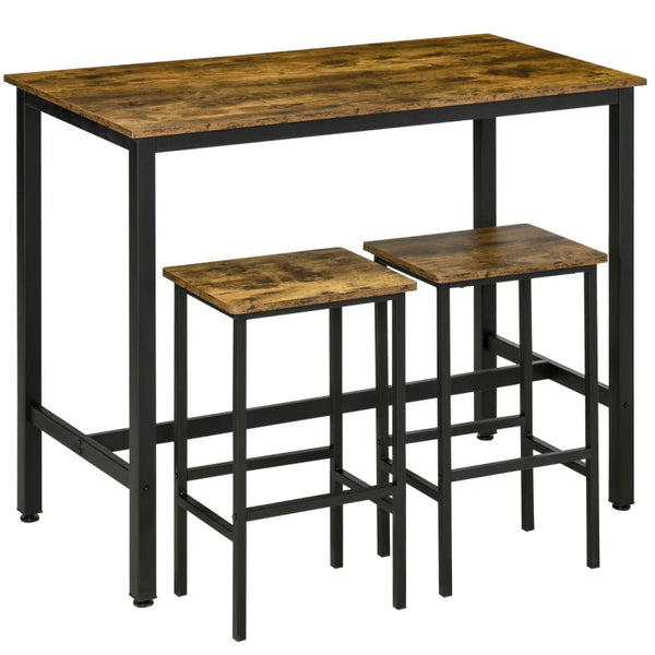 Rustic Brown 3-Piece Industrial Bar Table Set with 2 Stools