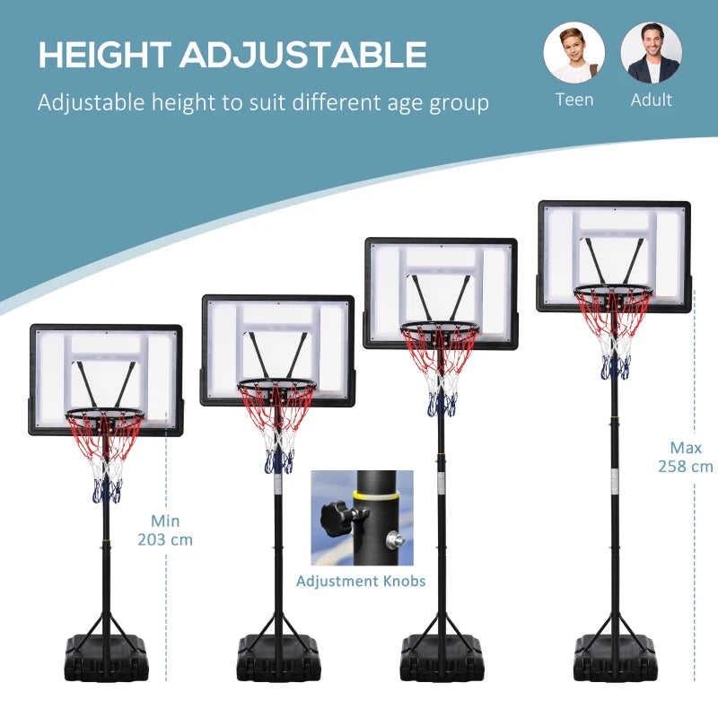 Adjustable Portable Basketball Hoop System - Black, Teens to Adults, 1.55-2.1m
