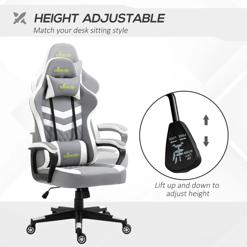 Grey White Gaming Chair with Lumbar Support and Swivel Wheels