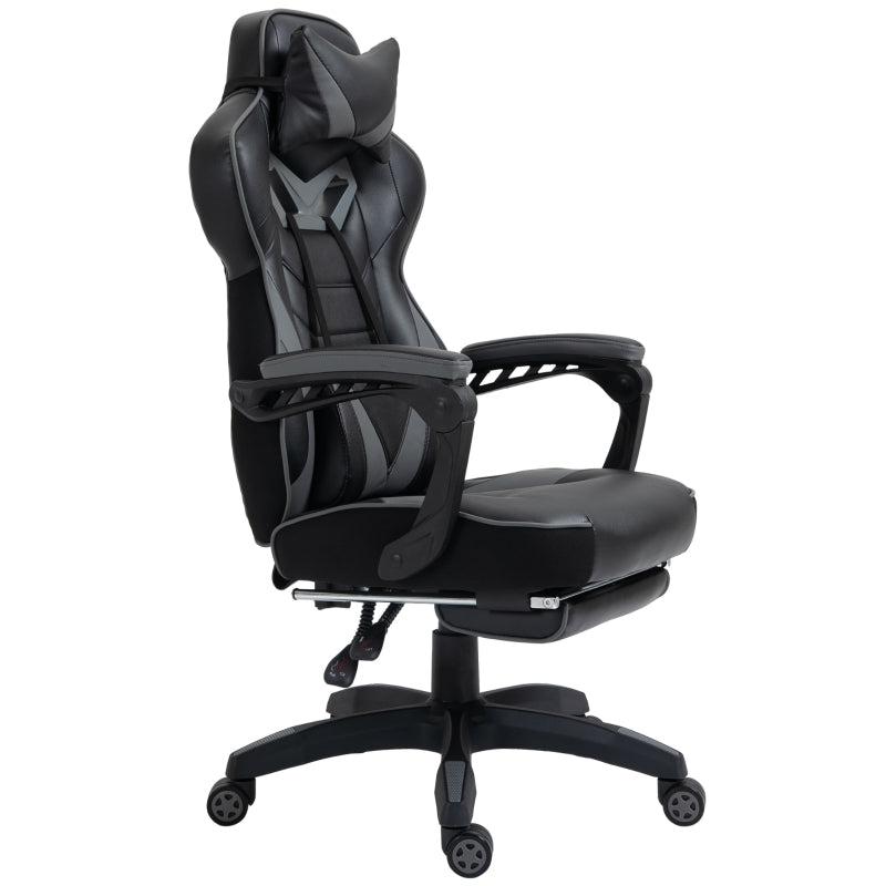 Grey Gaming Chair with Lumbar Support, Footrest, and Headrest