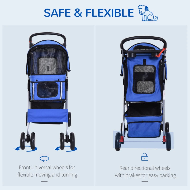 Blue Dog Stroller with Rain Cover for Small Dogs