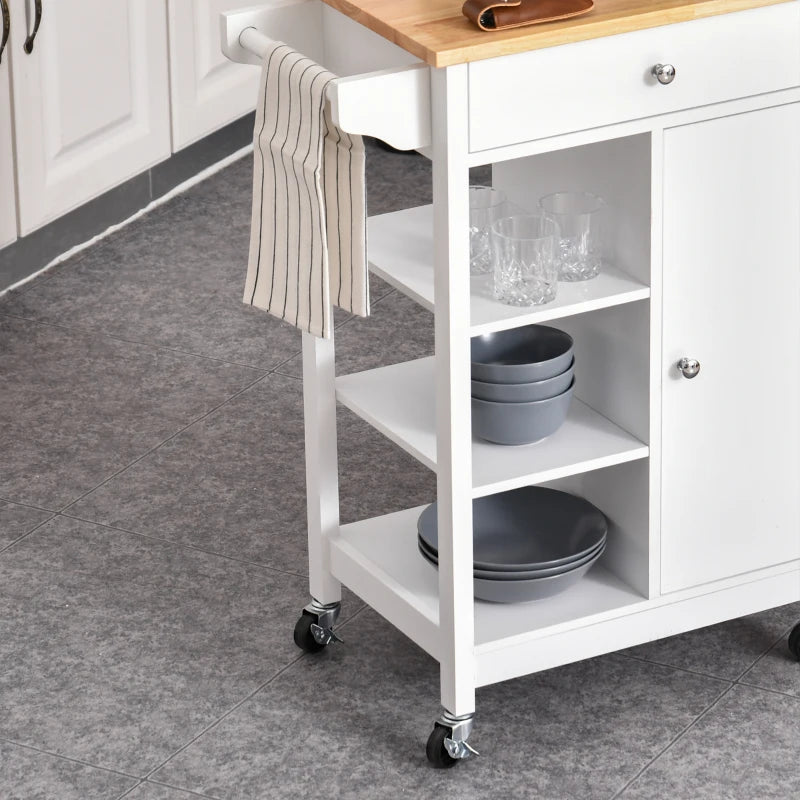 White Kitchen Trolley with Wood Top, 3 Shelves, and Storage Cupboard