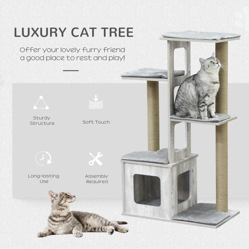 Grey Cat Tree Tower with Scratching Posts and Perches