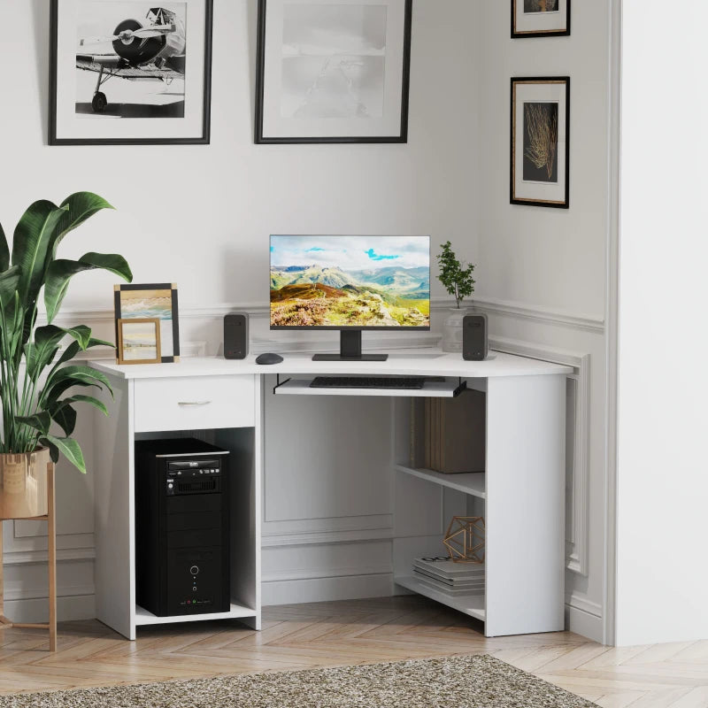 White L-Shaped Computer Desk with Shelves & Drawer