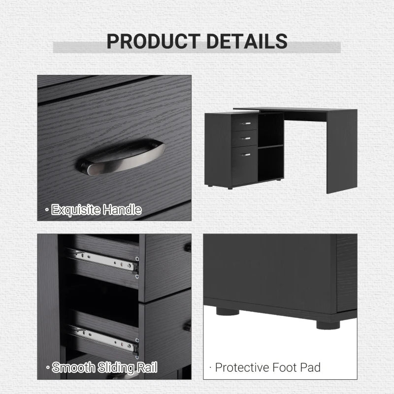 Black L-Shaped Corner Desk with Drawers and Storage Shelves