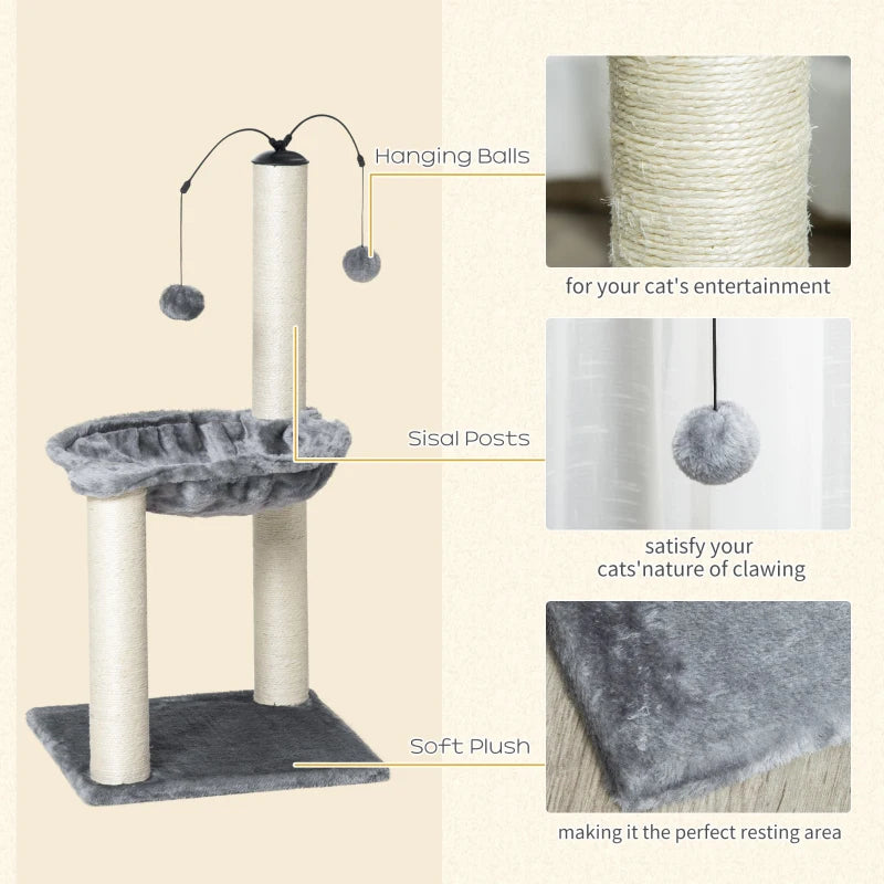 Grey Cat Tree Tower with Scratching Post, Hammock & Ball - 40x40x83 cm