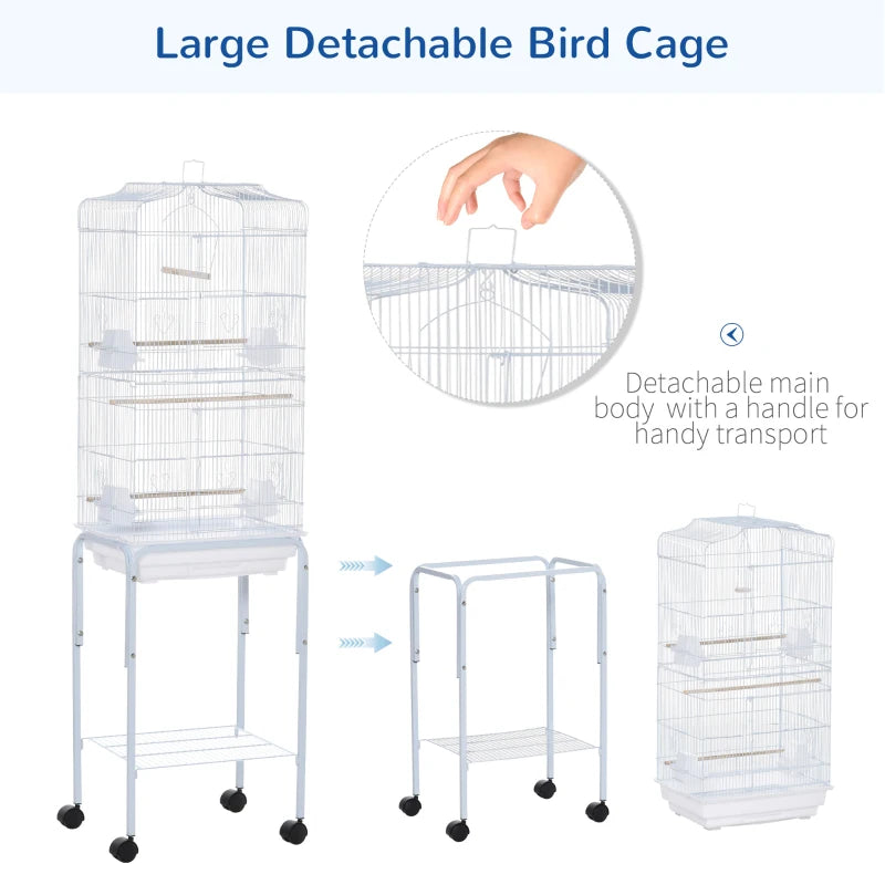 White Bird Cage with Stand and Accessories, 46.5 x 36 x 157 cm