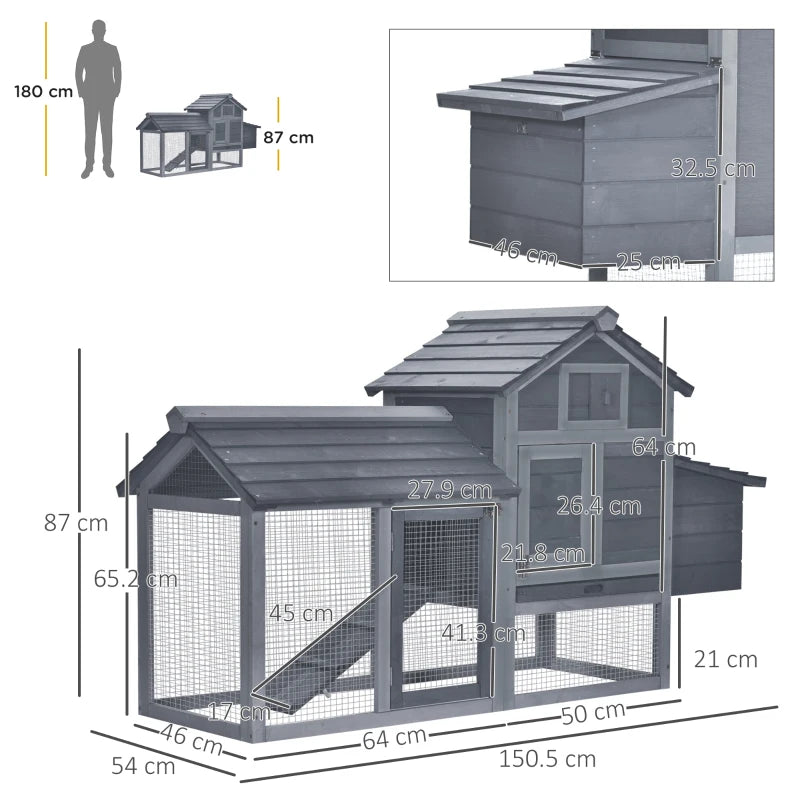 Grey Small Chicken Coop with Run and Nesting Box - 150.5 x 54 x 87cm