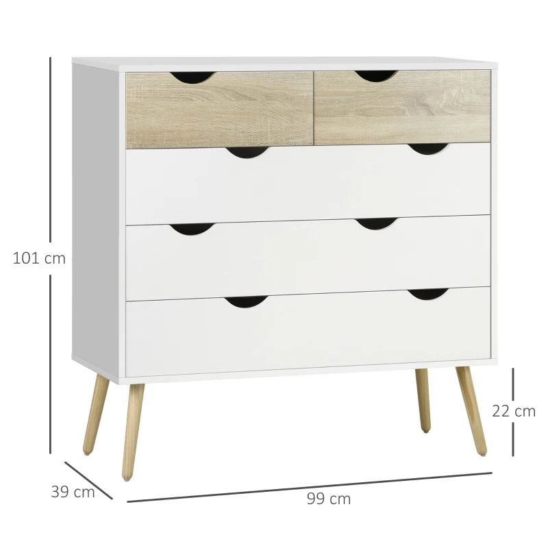 Modern White 5-Drawer Chest with Tapered Legs and Groove Handles