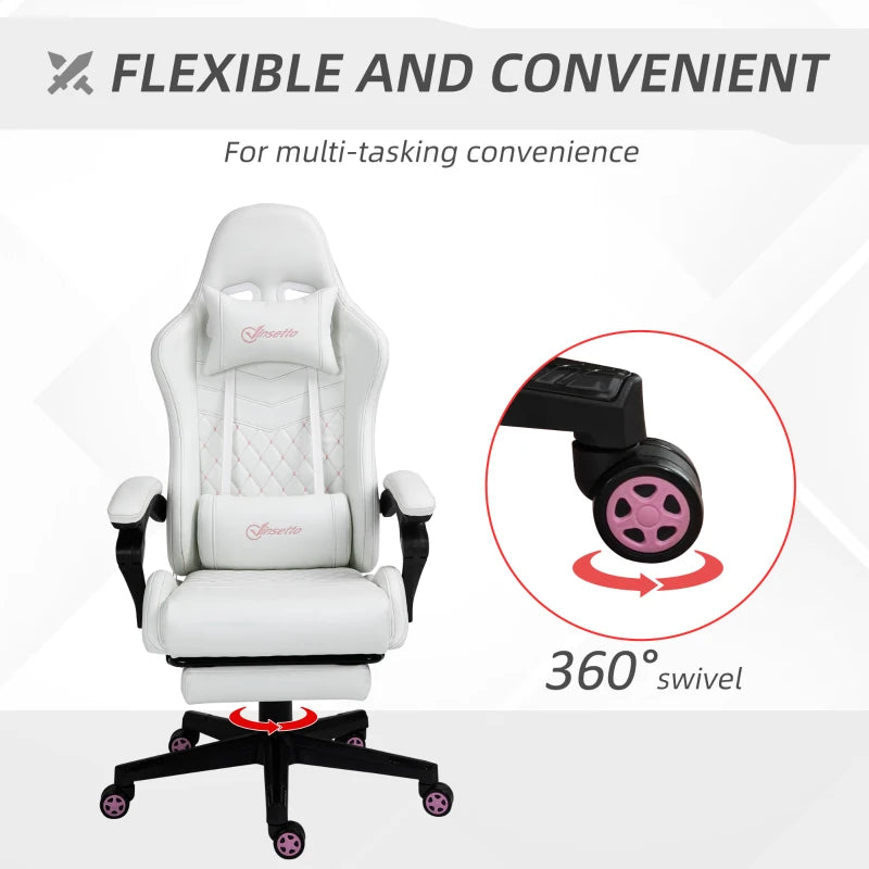 White Racing Gaming Chair with Swivel Wheel & Footrest