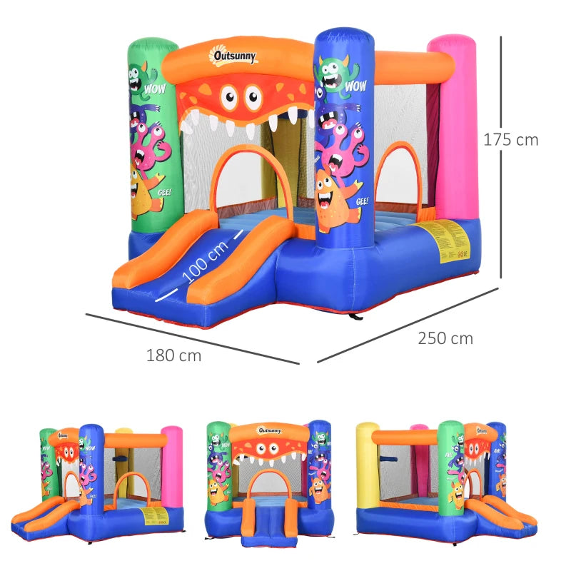 Monster Design Inflatable Bouncy Castle with Slide - Green/Blue - 180 x 250 x 175 CM