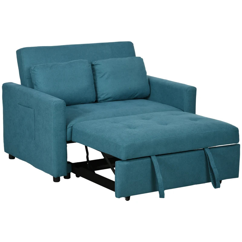 Blue Convertible Loveseat Sofa Bed with Cushions and Side Pockets