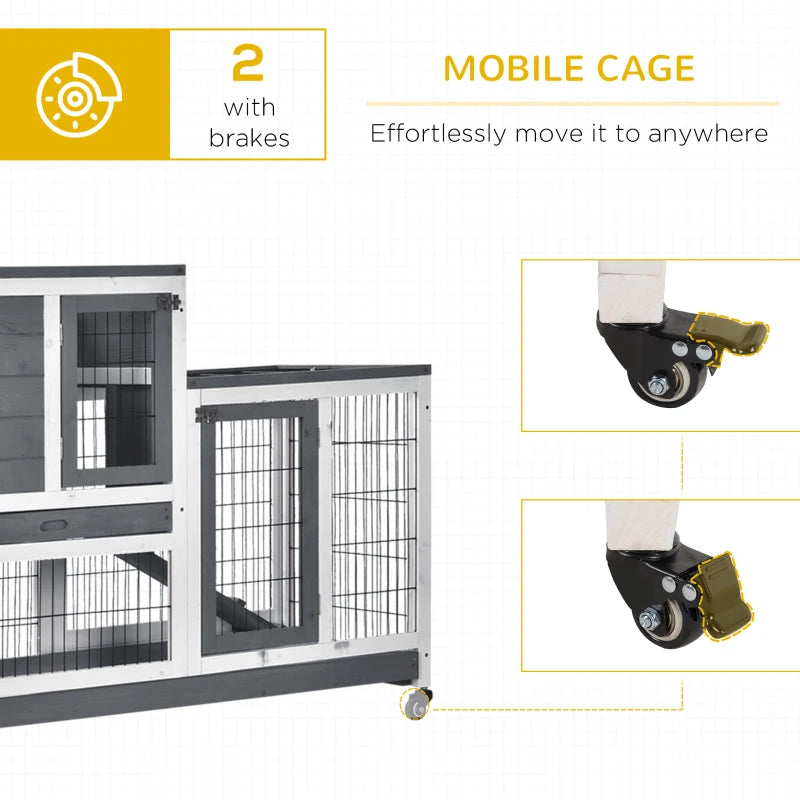 Grey Wooden Indoor Small Animal Hutch with Wheels and Enclosed Run