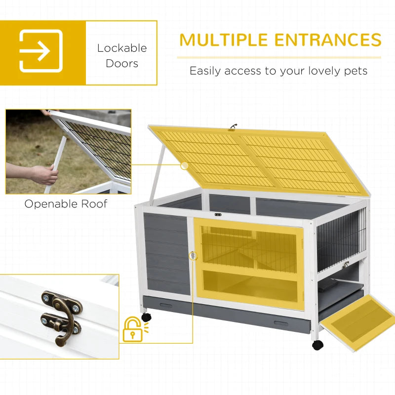 Grey Wooden Indoor Rabbit Hutch with Wheels - 102 x 60 x 63.5cm