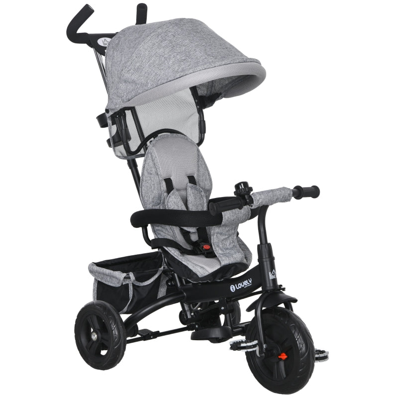 Grey 6-in-1 Kids Trike with Push Handle, Canopy, Safety Belt, Storage & Brake