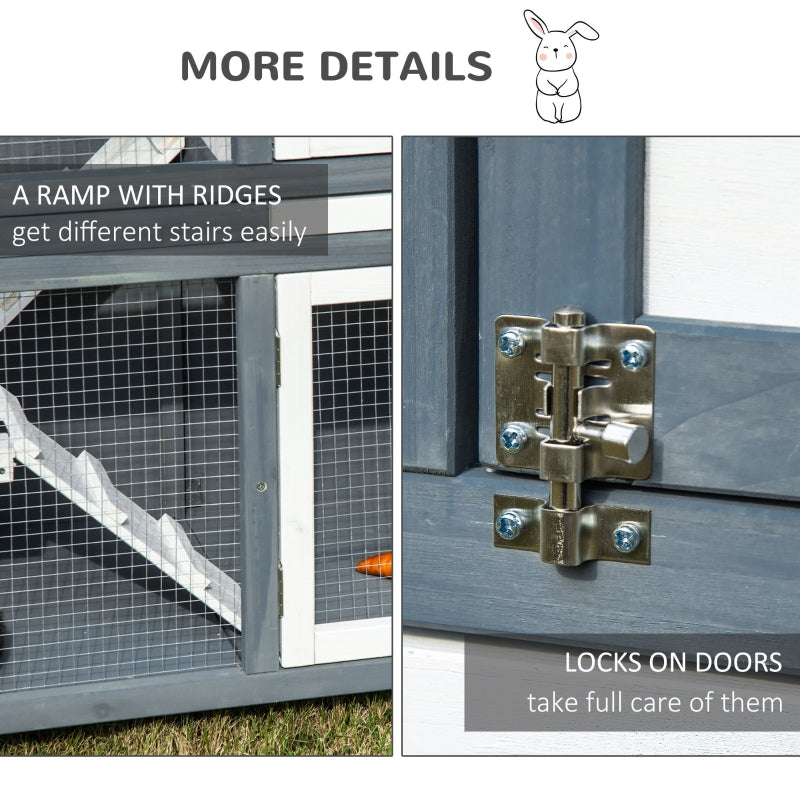 Grey 2 Tier Outdoor Rabbit Hutch with Ramp and Openable Roof