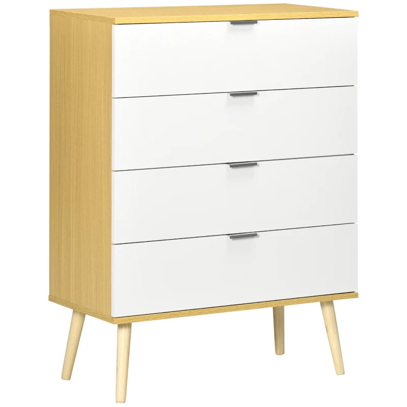 White and Natural 4-Drawer Storage Chest with Pine Wood Legs