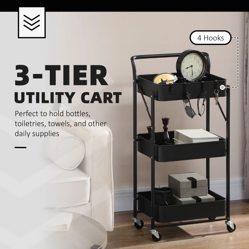 Black 3 Tier Foldable Storage Trolley Cart with Mesh Baskets and Hooks