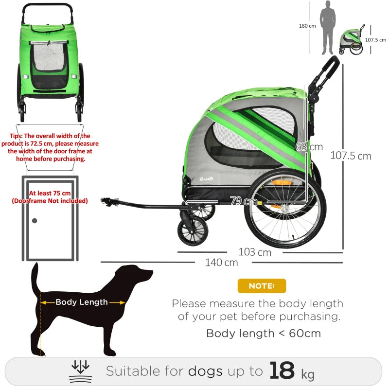 Green 2-In-1 Dog Bike Trailer & Pet Stroller with Reflectors