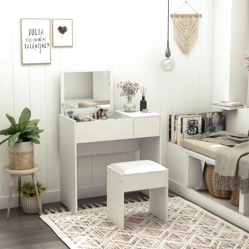 White Makeup Vanity Set with Mirror, Drawer, and Stool