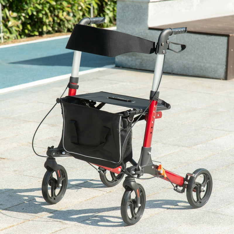 Red Folding Rollator Walker with Seat and Storage Bag