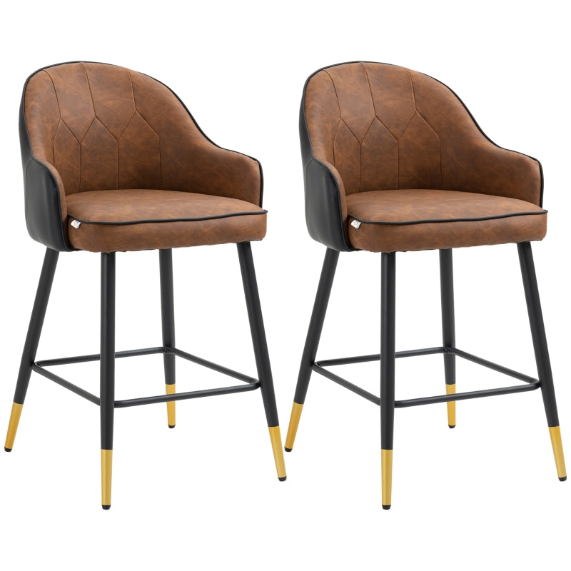 Brown Upholstered Leather Bar Stools Set of 2 with Tufted Back